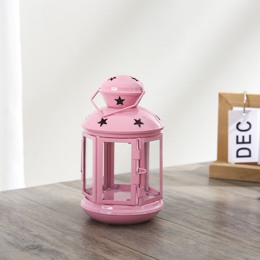 Pink European Style Star Cutout Metal Candle Lantern - Handcrafted Iron & Glass Decorative Lamp for V888-ELOSUNG50727