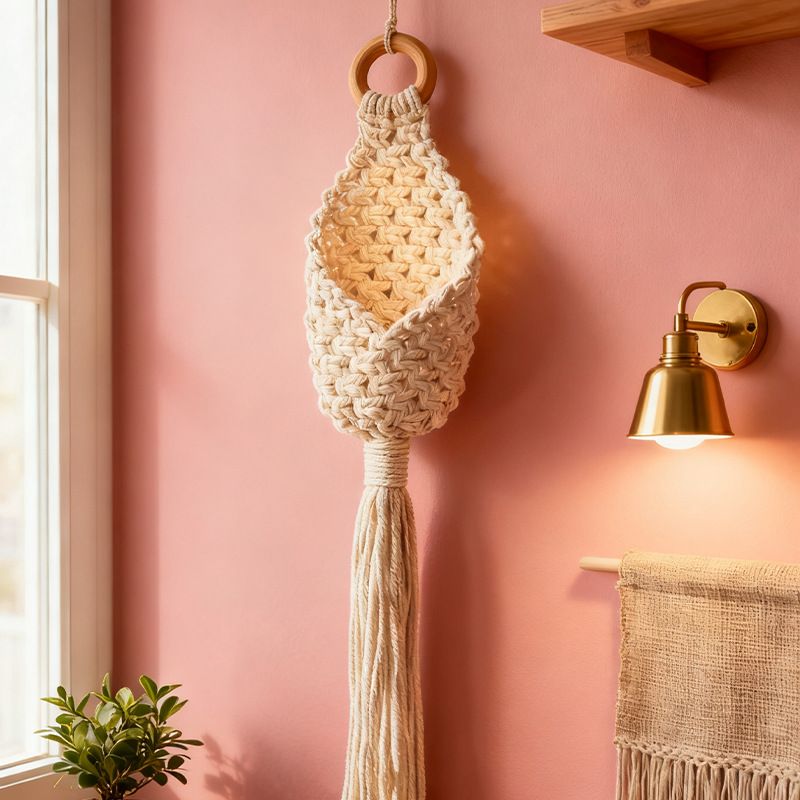 White Macrame Hanging Plant Holder - Cotton Rope Wall Basket, Bohemian Style Decor for Indoor Plants - Space V888-ELOSUNG50745