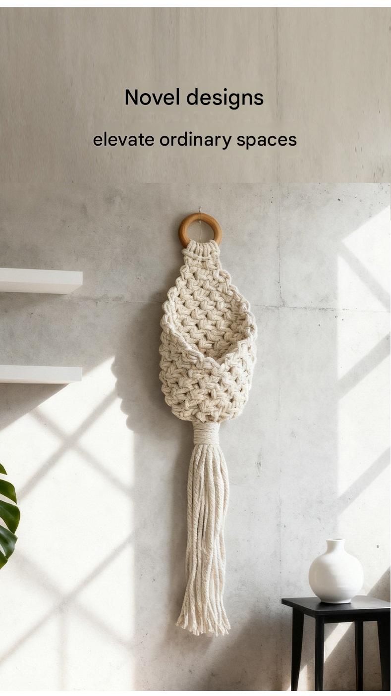White Macrame Hanging Plant Holder - Cotton Rope Wall Basket, Bohemian Style Decor for Indoor Plants - Space V888-ELOSUNG50745