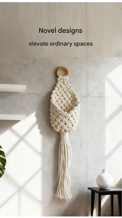 White Macrame Hanging Plant Holder - Cotton Rope Wall Basket, Bohemian Style Decor for Indoor Plants - Space V888-ELOSUNG50745
