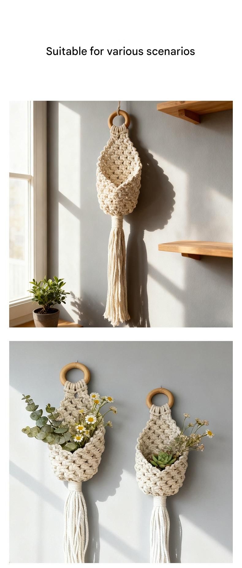 White Macrame Hanging Plant Holder - Cotton Rope Wall Basket, Bohemian Style Decor for Indoor Plants - Space V888-ELOSUNG50745