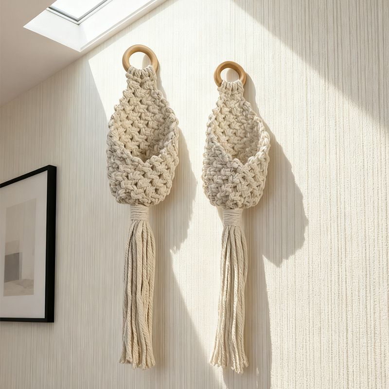 2-piece White Macrame Hanging Plant Holder - Cotton Rope Wall Basket, Bohemian Style Decor for Indoor Plants V888-ELOSUNG50746