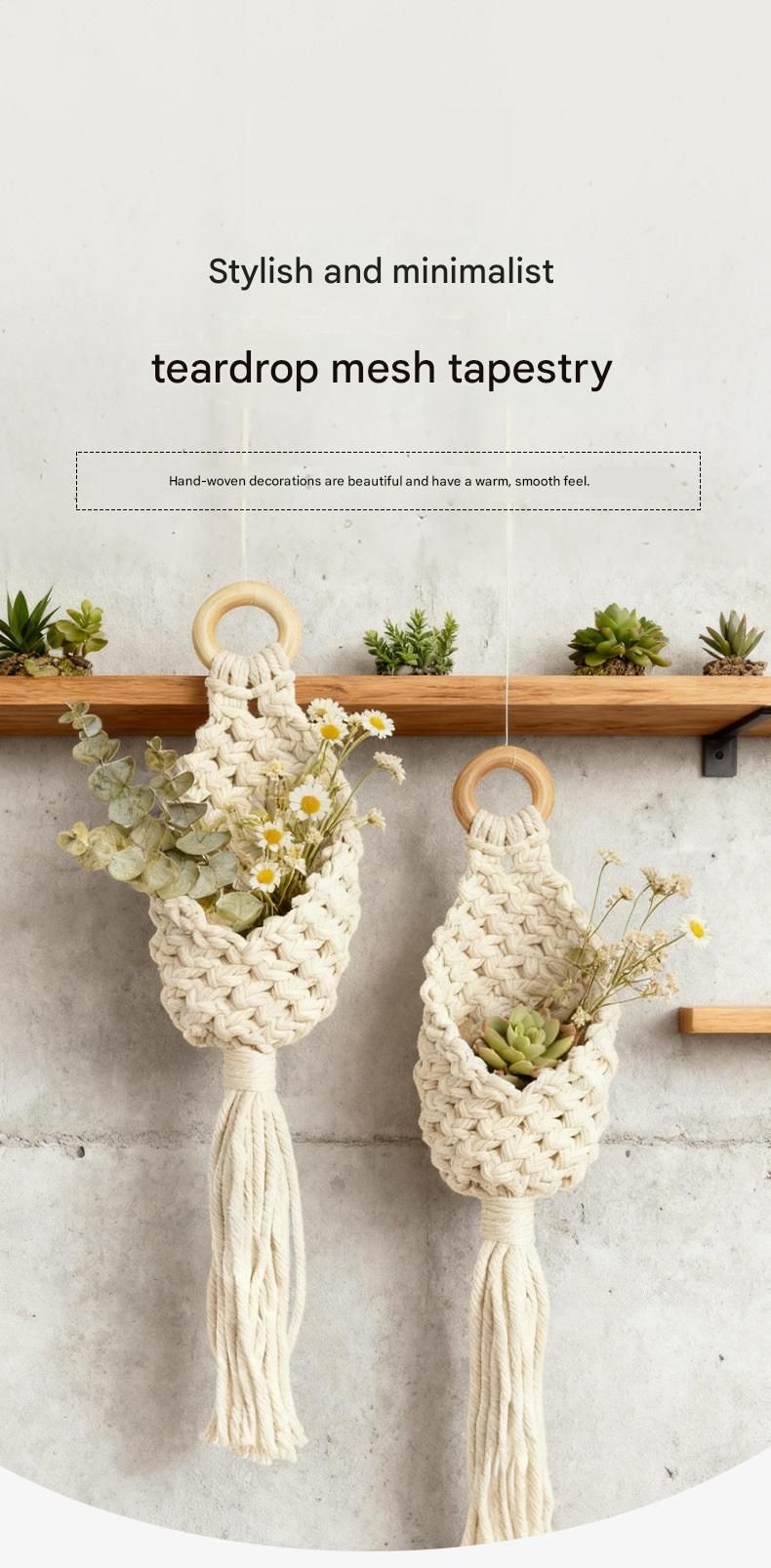 2-piece White Macrame Hanging Plant Holder - Cotton Rope Wall Basket, Bohemian Style Decor for Indoor Plants V888-ELOSUNG50746