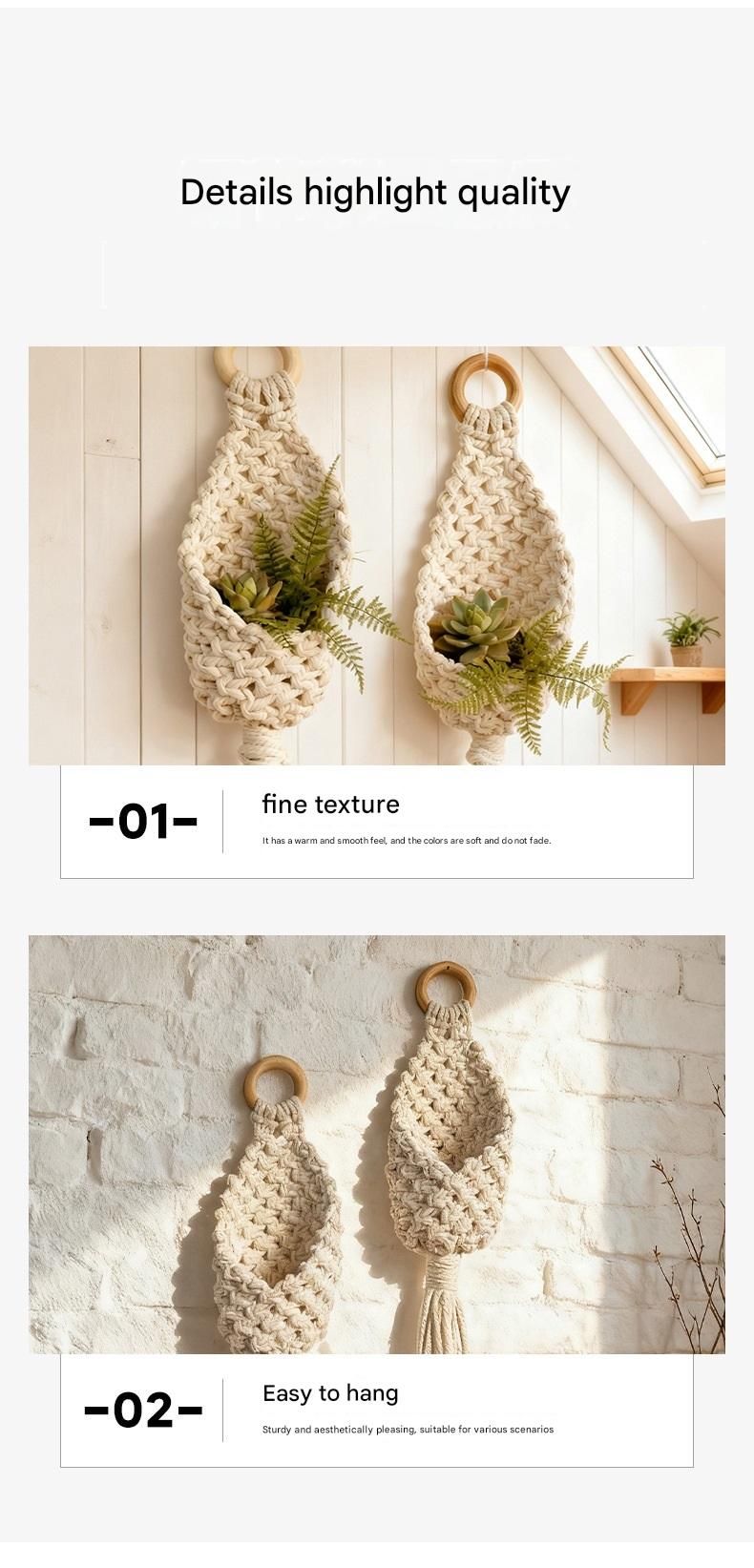 2-piece White Macrame Hanging Plant Holder - Cotton Rope Wall Basket, Bohemian Style Decor for Indoor Plants V888-ELOSUNG50746