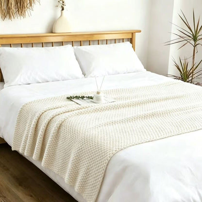 Beige 110*150cm Nordic Style Tassel Knit Throw Blanket - Soft Polyester Sofa Blanket with Pineapple Texture - V888-ELOSUNG50749