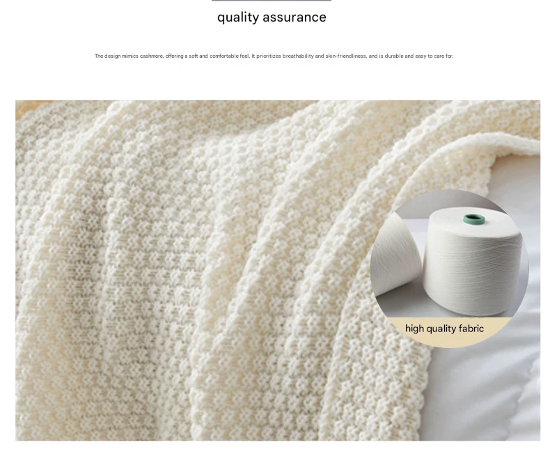 Beige 150*200cm Nordic Style Tassel Knit Throw Blanket - Soft Polyester Sofa Blanket with Pineapple Texture - V888-ELOSUNG50751