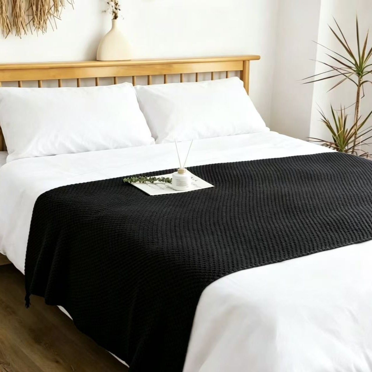 Black 110*150cm Nordic Style Tassel Knit Throw Blanket - Soft Polyester Sofa Blanket with Pineapple Texture - V888-ELOSUNG50752