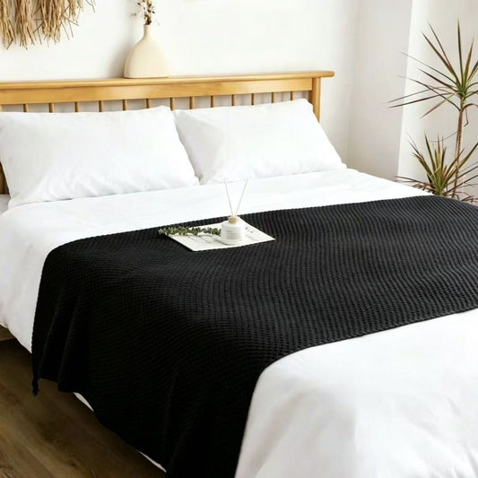 Black 110*150cm Nordic Style Tassel Knit Throw Blanket - Soft Polyester Sofa Blanket with Pineapple Texture - V888-ELOSUNG50752