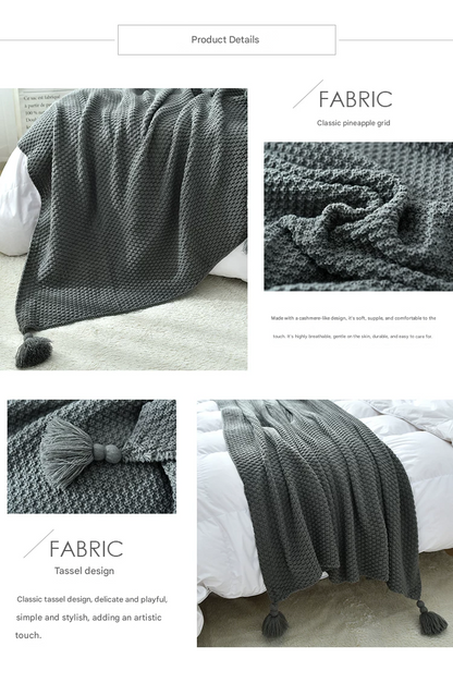 Black 110*150cm Nordic Style Tassel Knit Throw Blanket - Soft Polyester Sofa Blanket with Pineapple Texture - V888-ELOSUNG50752