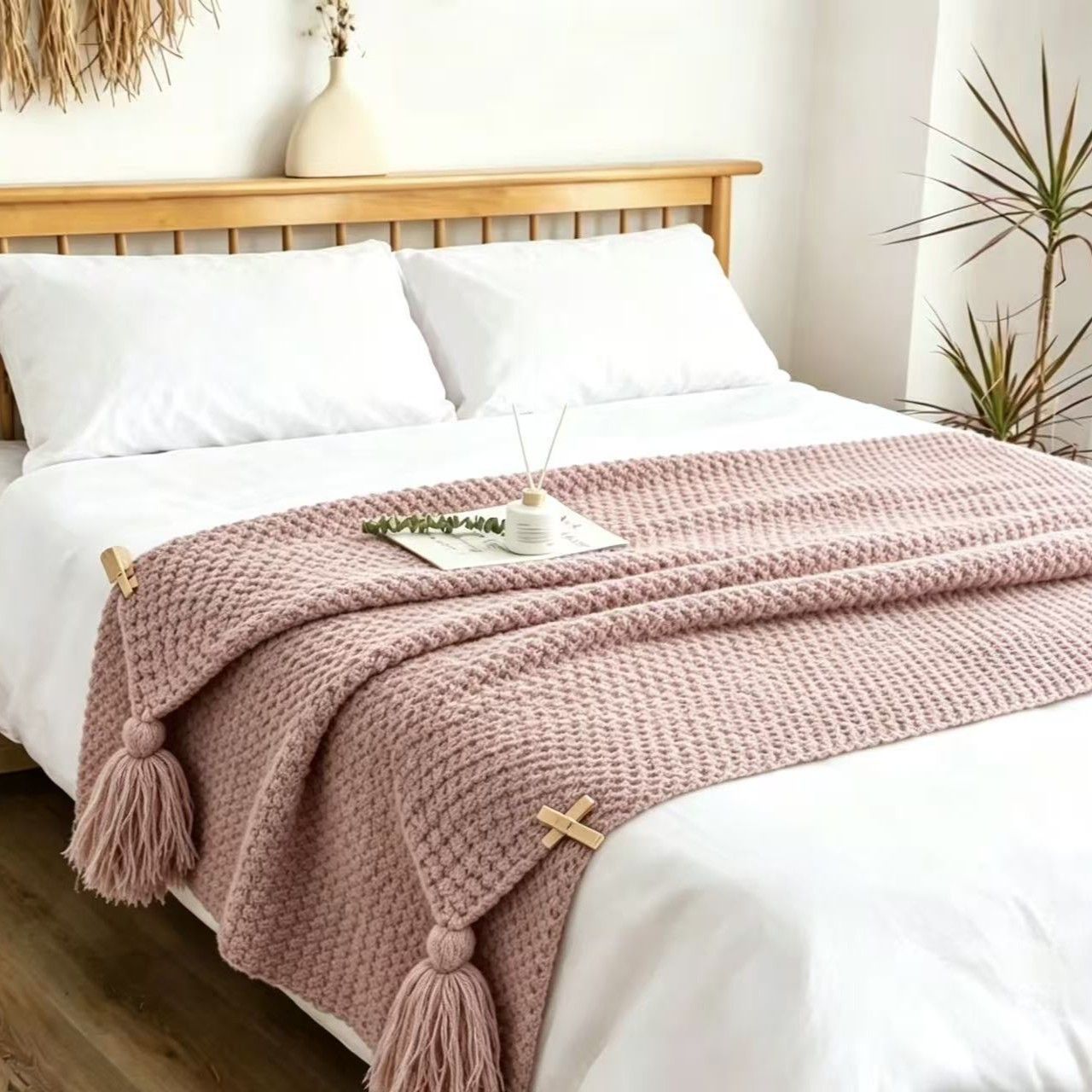 Pink 150*200cm Nordic Style Tassel Knit Throw Blanket - Soft Polyester Sofa Blanket with Pineapple Texture - V888-ELOSUNG50757