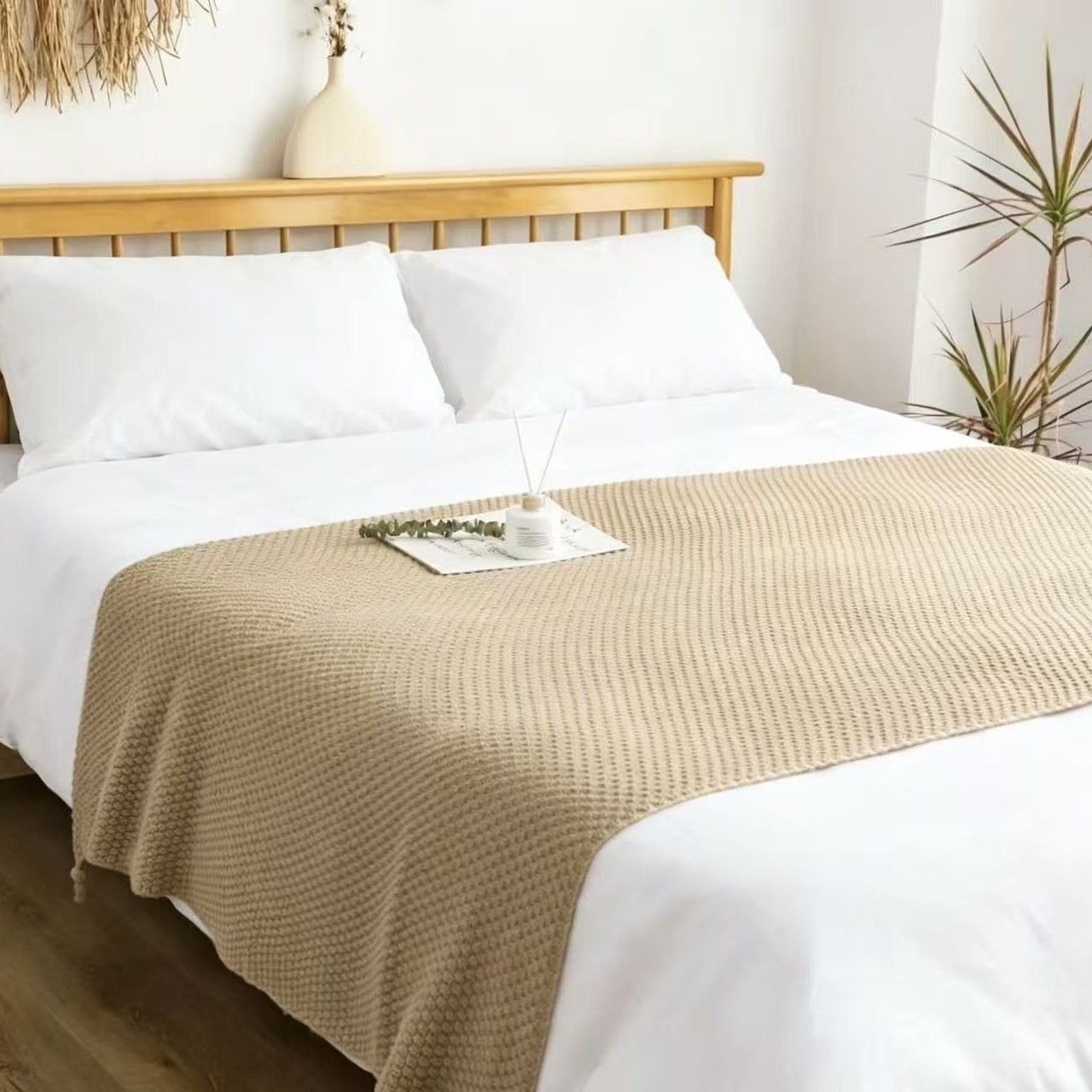 Khaki 110*150cm Nordic Style Tassel Knit Throw Blanket - Soft Polyester Sofa Blanket with Pineapple Texture - V888-ELOSUNG50758