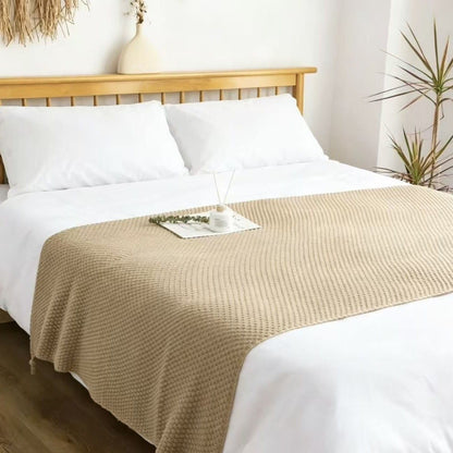 Khaki 150*200cm Nordic Style Tassel Knit Throw Blanket - Soft Polyester Sofa Blanket with Pineapple Texture - V888-ELOSUNG50760