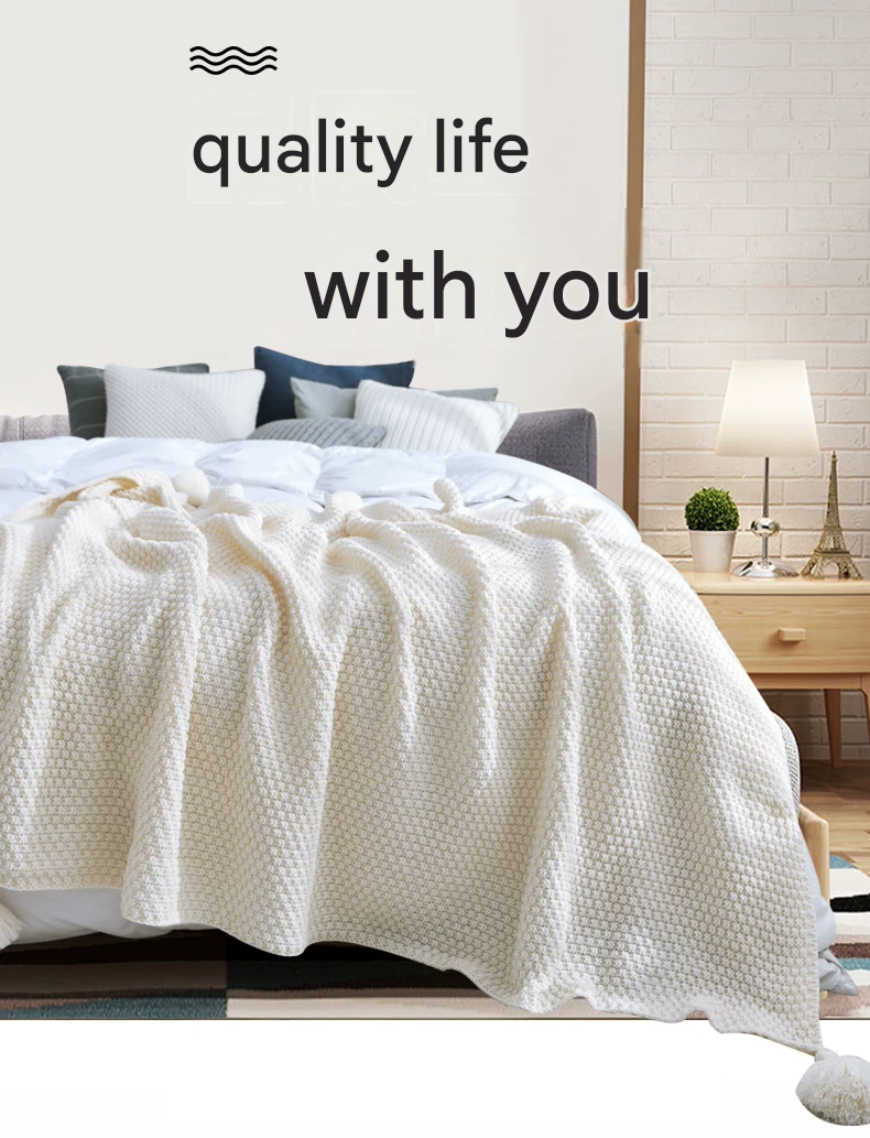 Khaki 150*200cm Nordic Style Tassel Knit Throw Blanket - Soft Polyester Sofa Blanket with Pineapple Texture - V888-ELOSUNG50760