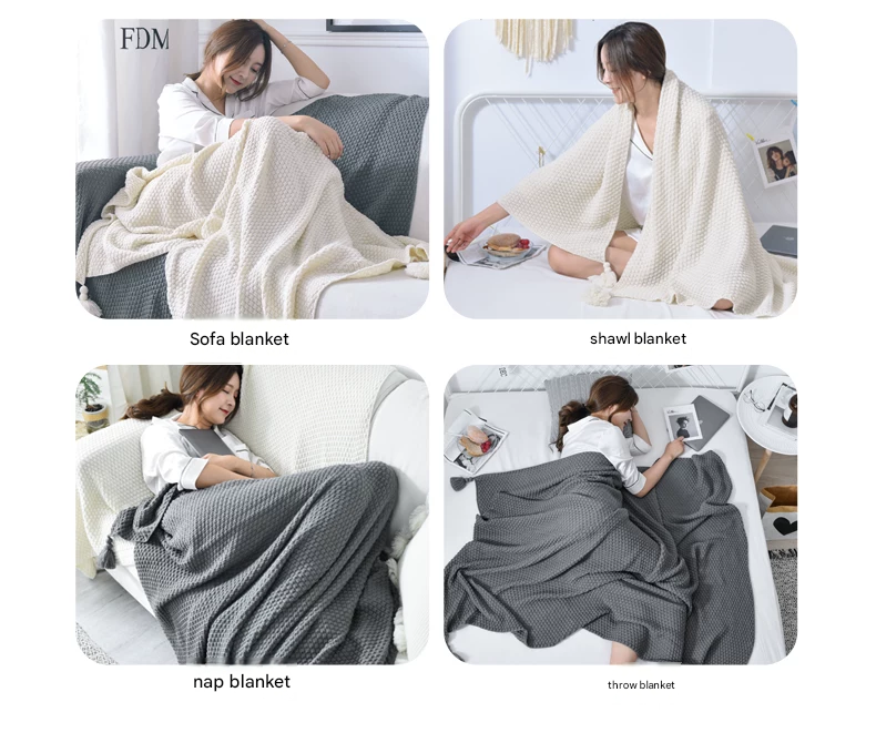Grey 110*150cm Nordic Style Tassel Knit Throw Blanket - Soft Polyester Sofa Blanket with Pineapple Texture - V888-ELOSUNG50761