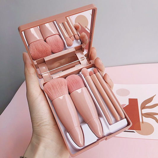 Coffee-colored 5-Piece Compact Makeup Brush Set with Mirror - Synthetic Fibre Travel Case with Foundation, V888-ELOSUNG50805