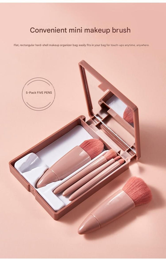 Coffee-colored 5-Piece Compact Makeup Brush Set with Mirror - Synthetic Fibre Travel Case with Foundation, V888-ELOSUNG50805