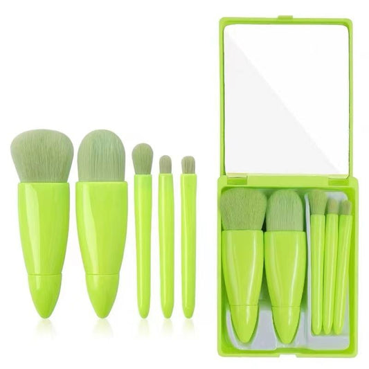 Green 5-Piece Compact Makeup Brush Set with Mirror - Synthetic Fibre Travel Case with Foundation, Powder & V888-ELOSUNG50808