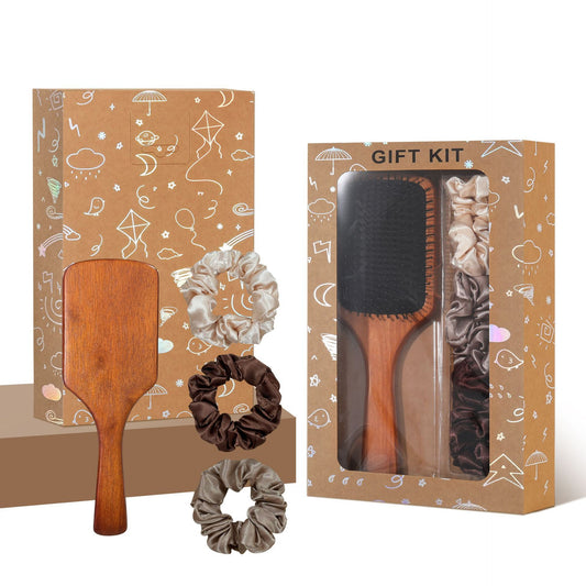 Black Paddle Hair Brush Gift Set with Satin Scrunchies - Cushion Airbag Design for Scalp Massage and V888-ELOSUNG50822