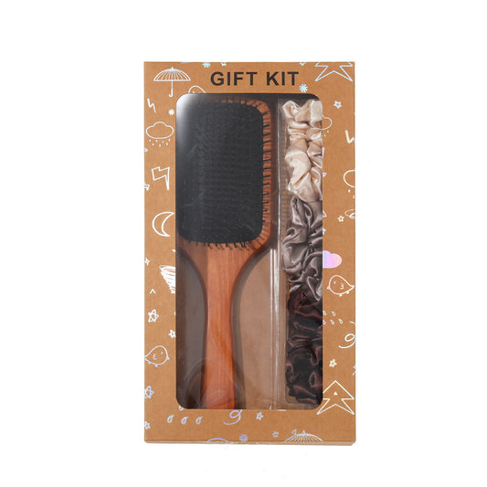 Black Paddle Hair Brush Gift Set with Satin Scrunchies - Cushion Airbag Design for Scalp Massage and V888-ELOSUNG50822