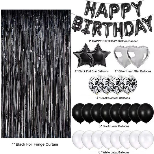 Black and White Premium Foil Balloon Party Kit - Happy Birthday Banner, 2 Star & 2 Heart Foil Balloons, 10 V888-ELOSUNG50830
