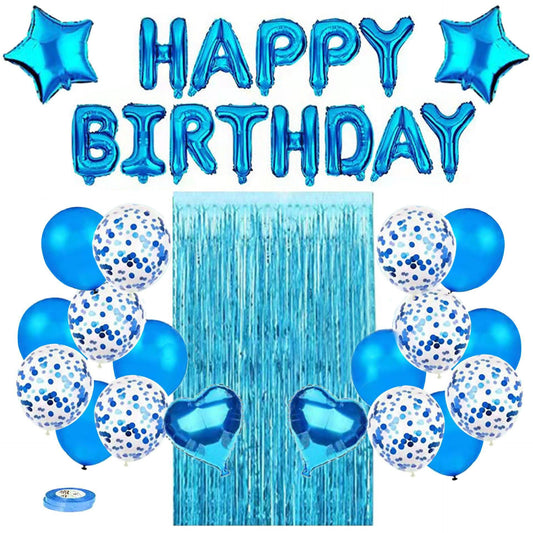 Blue Premium Foil Balloon Party Kit - Happy Birthday Banner, 2 Star & 2 Heart Foil Balloons, 10 Confetti + 10 V888-ELOSUNG50834