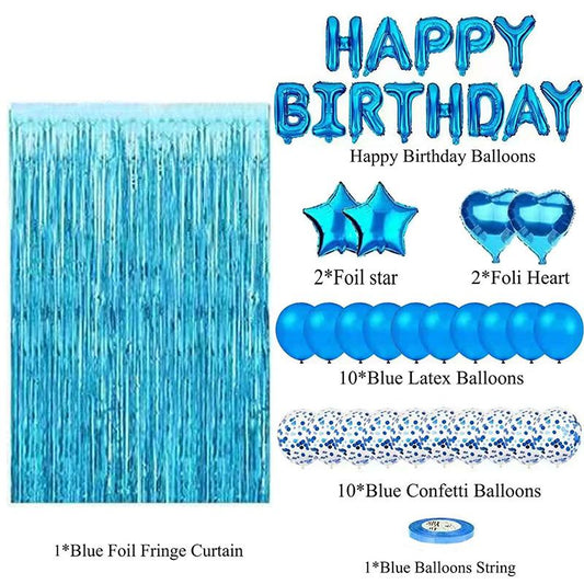 Blue Premium Foil Balloon Party Kit - Happy Birthday Banner, 2 Star & 2 Heart Foil Balloons, 10 Confetti + 10 V888-ELOSUNG50834