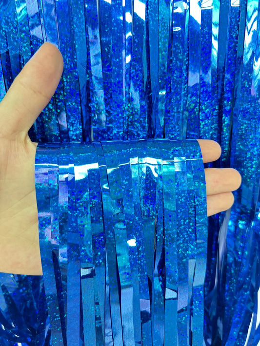5-piece Dark blue Laser Tinsel Foil Fringe Curtain - 1*1m Metallic Party Streamer Backdrop for Birthday, V888-ELOSUNG50852