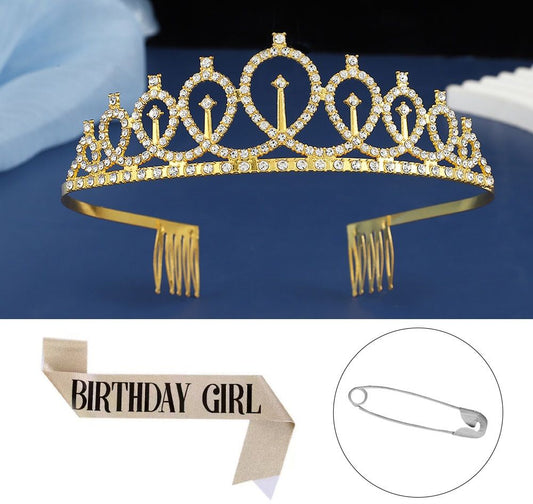 2-piece Golden Birthday Girl Tiara and Sash Set - Elegant Rhinestone Alloy Crown with , Glitter "BIRTHDAY V888-ELOSUNG50853