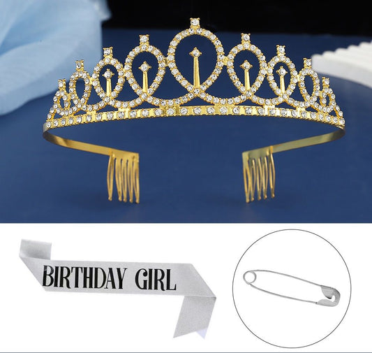 2-piece Golden and Silvery Birthday Girl Tiara and Sash Set - Elegant Rhinestone Alloy Crown with , Glitter V888-ELOSUNG50854