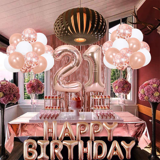 Rose Gold 21th Birthday Balloon Decoration Set - Foil Number Balloons, Happy Birthday Letter Banner, Tassel V888-ELOSUNG50858