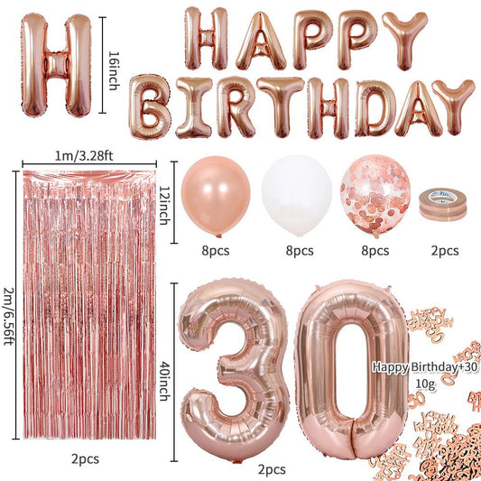 Rose Gold 30th Birthday Balloon Decoration Set - Foil Number Balloons, Happy Birthday Letter Banner, Tassel V888-ELOSUNG50859