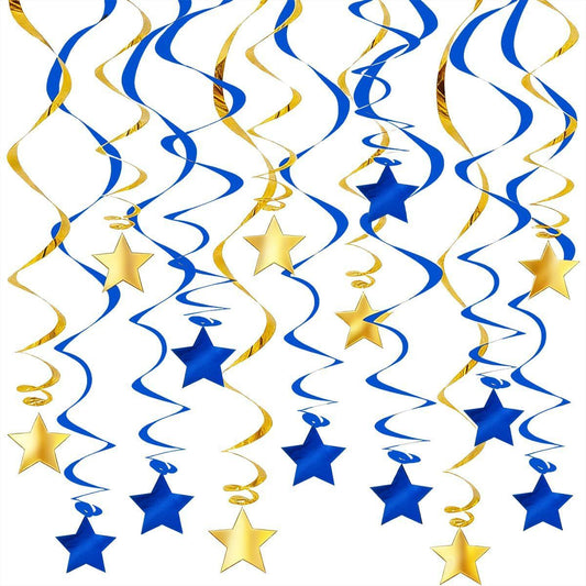30-Piece Set for Golden and Blue Star Spiral Hanging Decorations - Kids Birthday, Wedding, Graduation, and V888-ELOSUNG50865
