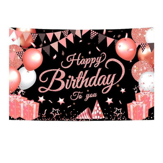 180*115cm Black and Pink Happy Birthday Banner - Glitter Party Backdrop & Confetti, Durable Polyester Wall V888-ELOSUNG50868