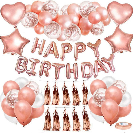 Rose Gold Happy Birthday Balloon Decoration Kit - Foil Letter Balloons, Confetti Latex Balloons, Tassel V888-ELOSUNG50870