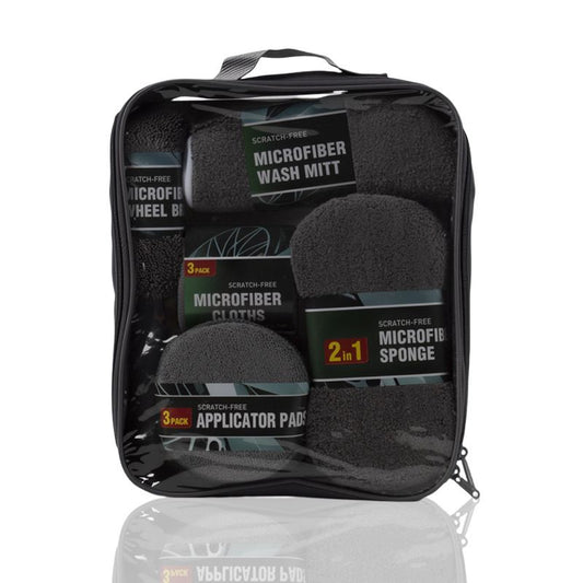 9-Piece Grey Car cleaning kit - Microfibre Wash Mitt, Sponge, Wheel Brush, Waxing Pads & Towels - Complete V888-ELOSUNG50875