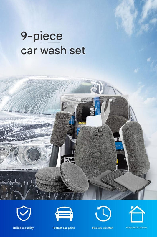 9-Piece Grey Car cleaning kit - Microfibre Wash Mitt, Sponge, Wheel Brush, Waxing Pads & Towels - Complete V888-ELOSUNG50875