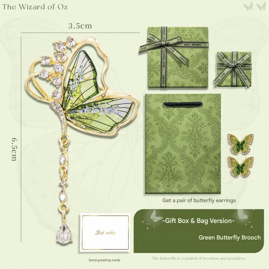 Green Butterfly Brooch - Green Enamel Crystal Tassel Pin - Elegant Alloy Jewelry for Women, Gift for Mom, V888-ELOSUNG50877