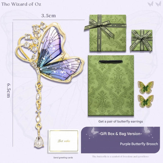 Purple Butterfly Brooch - Green Enamel Crystal Tassel Pin - Elegant Alloy Jewelry for Women, Gift for Mom, V888-ELOSUNG50878