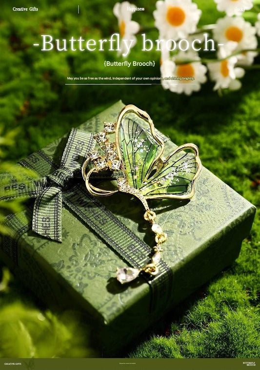 Purple Butterfly Brooch - Green Enamel Crystal Tassel Pin - Elegant Alloy Jewelry for Women, Gift for Mom, V888-ELOSUNG50878