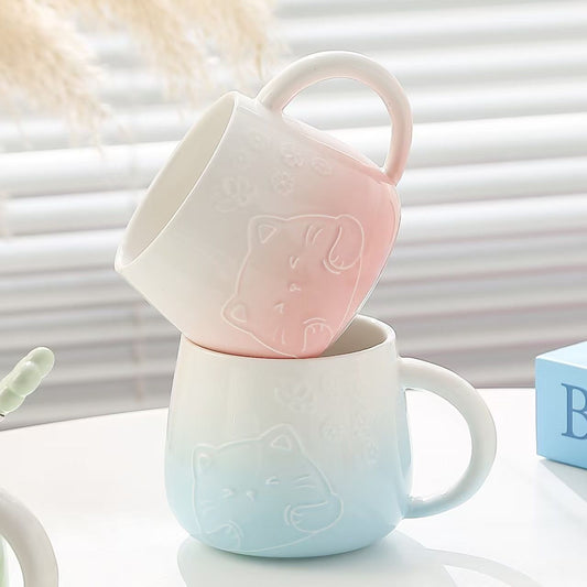 Blue Gradient Cat Ceramic Mug with Lid and Spoon - 400ml Porcelain Coffee Cup - Adorable 3D Cat Design, V888-ELOSUNG50883