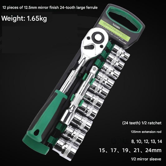 Green 12-Piece 1/2-Inch Drive 24-Tooth Ratchet & Socket Set - High-Carbon Steel, Mirror-Polished Socket V888-ELOSUNG50887