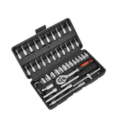 46-Piece Automotive Repair Tool Set - Carbon Steel Ratchet Wrench Socket Kit - 1/4 Inch Drive with Extension V888-ELOSUNG50890