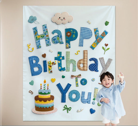 Blue Happy Birthday Backdrop Banner - Reusable Fabric Party Decoration with Colourful Lettering, Photo V888-ELOSUNG50910