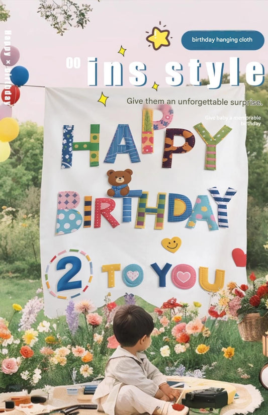 Blue Happy Birthday Backdrop Banner - Reusable Fabric Party Decoration with Colourful Lettering, Photo V888-ELOSUNG50910