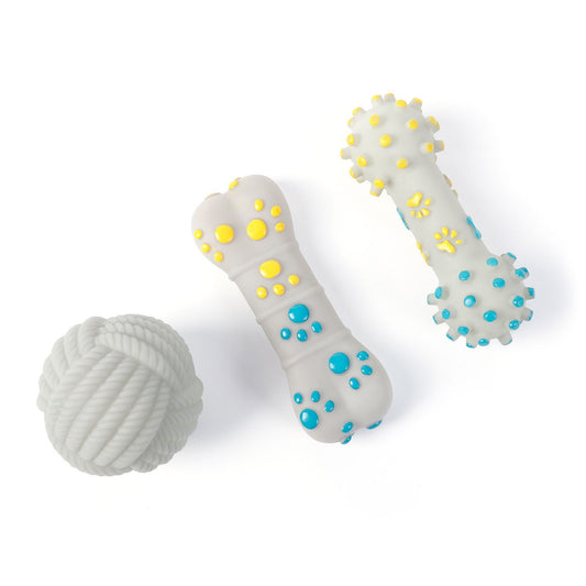 3-piece Yellow and Blue Squeaky Bone Spiked ring barbell White Rope Ball Durable TPR Dog Chew Toys Set - for V888-ELOSUNG50934