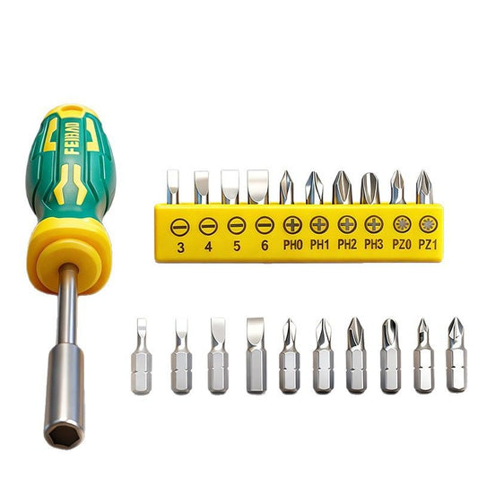 Green and Yellow 11-Piece Magnetic Screwdriver Bit Set - Chrome Vanadium Steel Bits, Ergonomic Handle, 7mm V888-ELOSUNG50935
