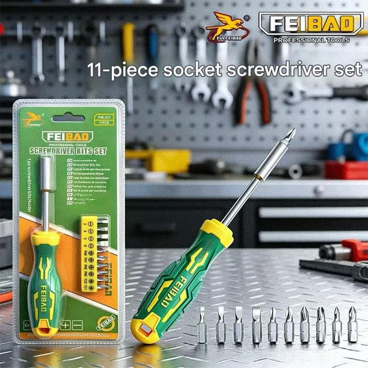 Green and Yellow 11-Piece Magnetic Screwdriver Bit Set - Chrome Vanadium Steel Bits, Ergonomic Handle, 7mm V888-ELOSUNG50935