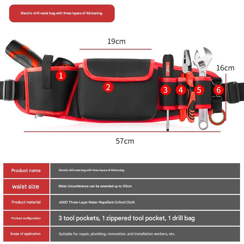 Red Professional Oxford Cloth Tool Waist Bag -Tool Belt, Multifunctional Work Belt, Men's Robust, Adjustable V888-ELOSUNG50942
