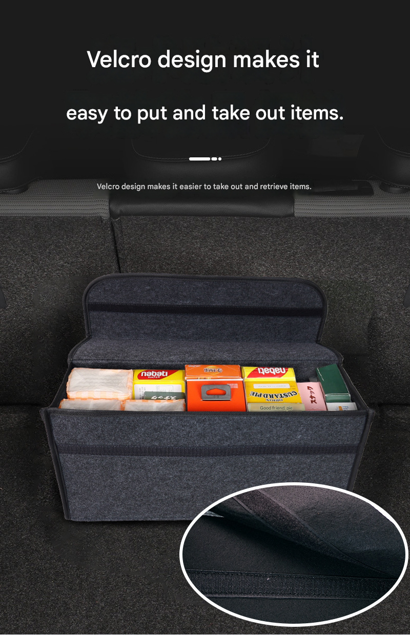 Dark gray Foldable Car Trunk Organizer - Durable Felt Storage Box with Magic Tape Closure, Portable Handle, V888-ELOSUNG50962