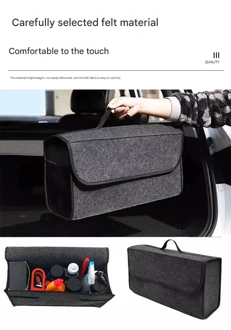 Black Foldable Car Trunk Organizer - Durable Felt Storage Box with Magic Tape Closure, Portable Handle, V888-ELOSUNG50963